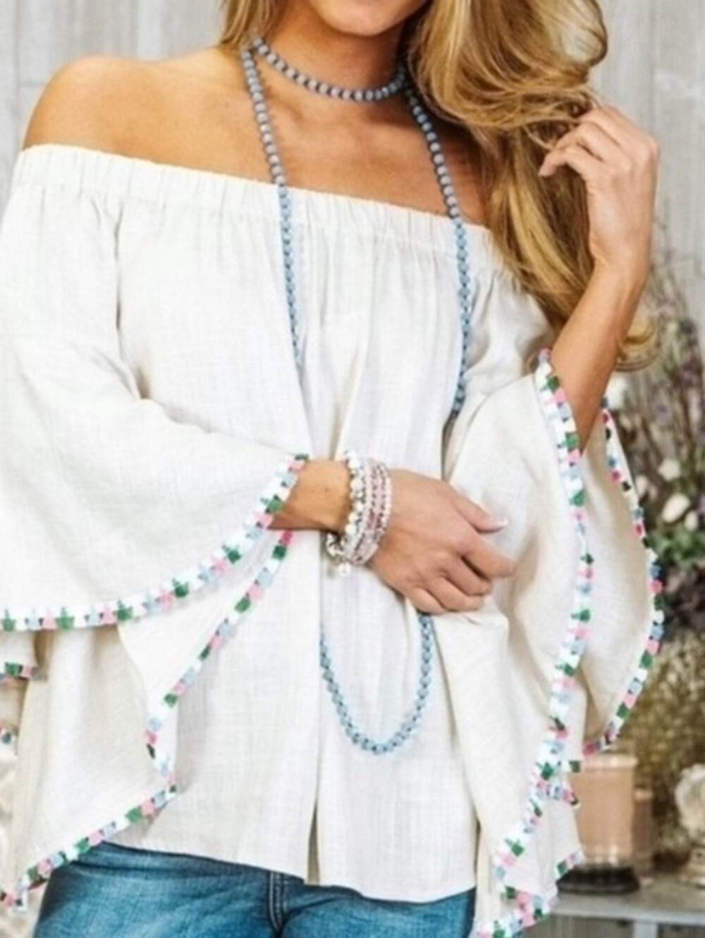 ZARA Off-Shoulder White 100% Linen Flutter Sleeve Colored Tassel Blouse | SZ XS
